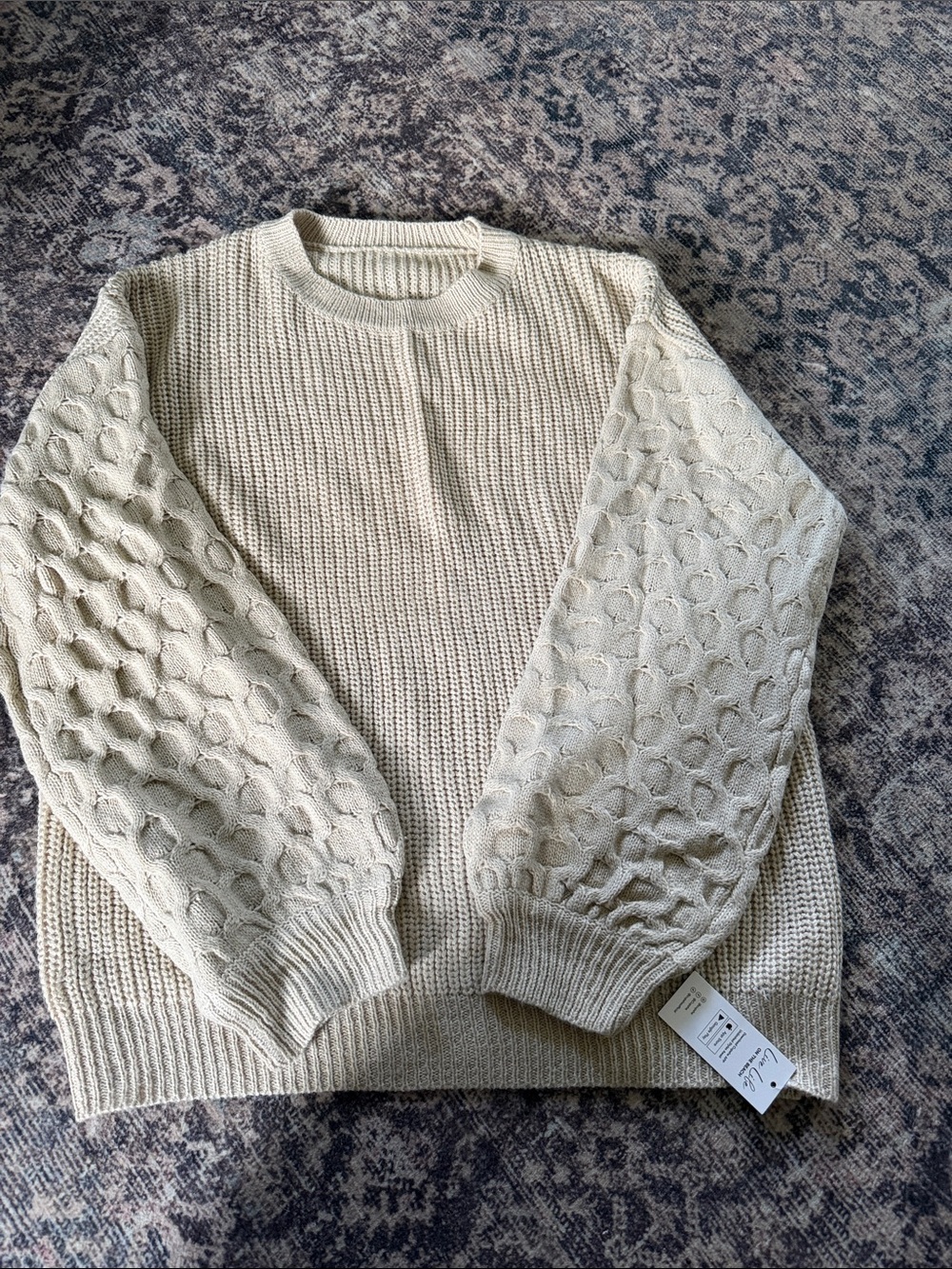 Cupshe Cream Cable & Bubble Sleeve Knit Sweater